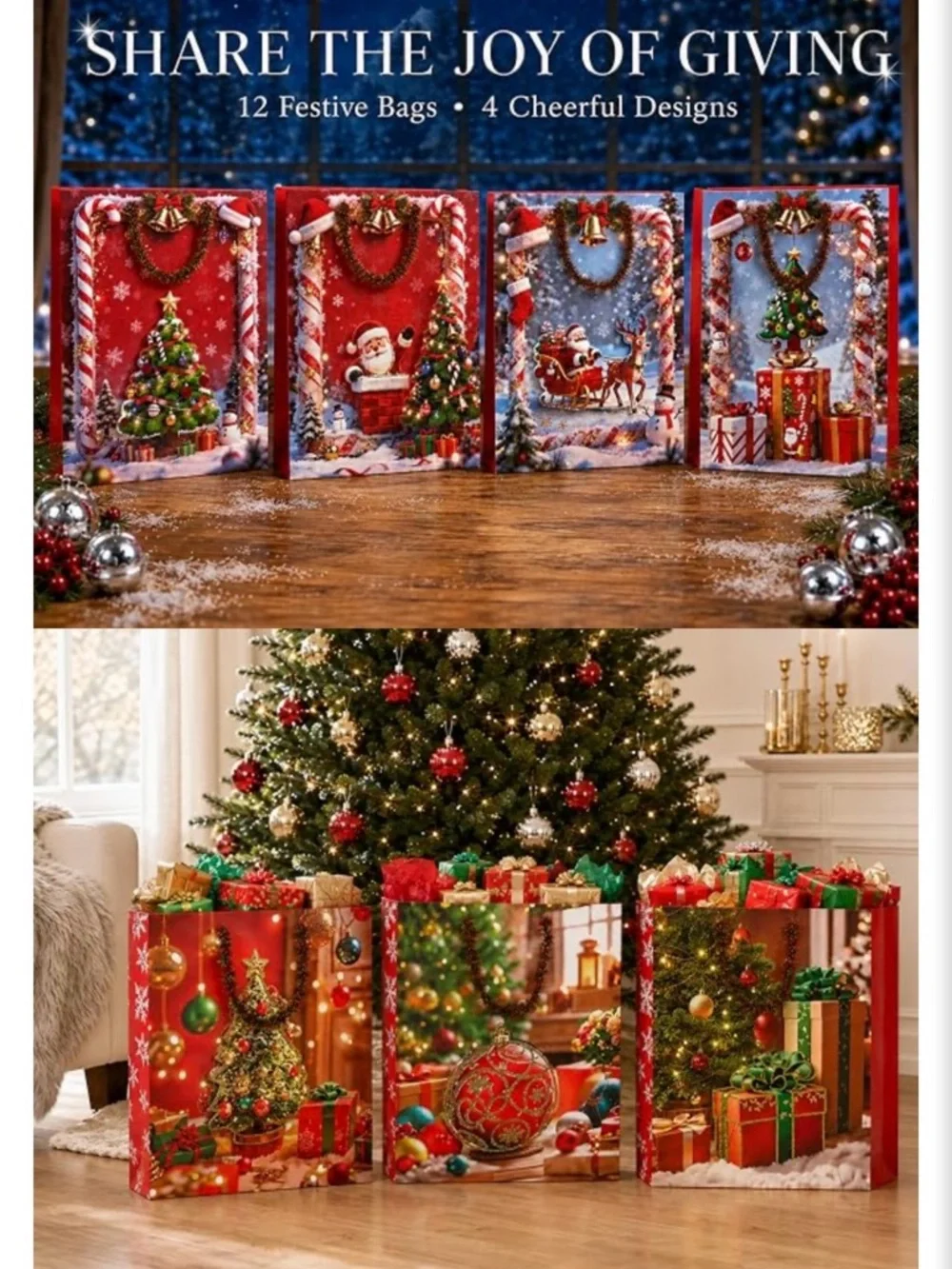 Festive Red Christmas Gift Bags with Raised 3D Appliqué